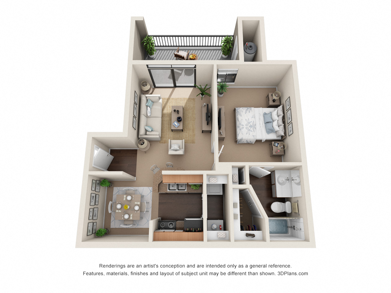 Floor plan for 1 bed, 1 bath, 635 sqft